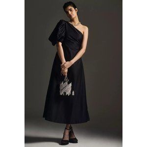 NWT Anthropologie Aureta Studio One-Shoulder Puff-Sleeve Dress $248 XSMALL Black